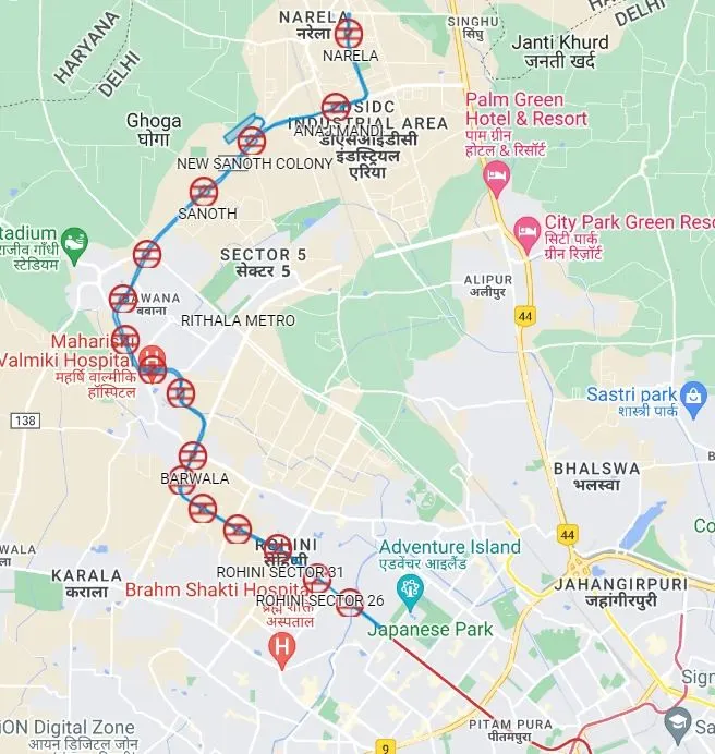 Proposed Rithala Bawana Narela Google map route